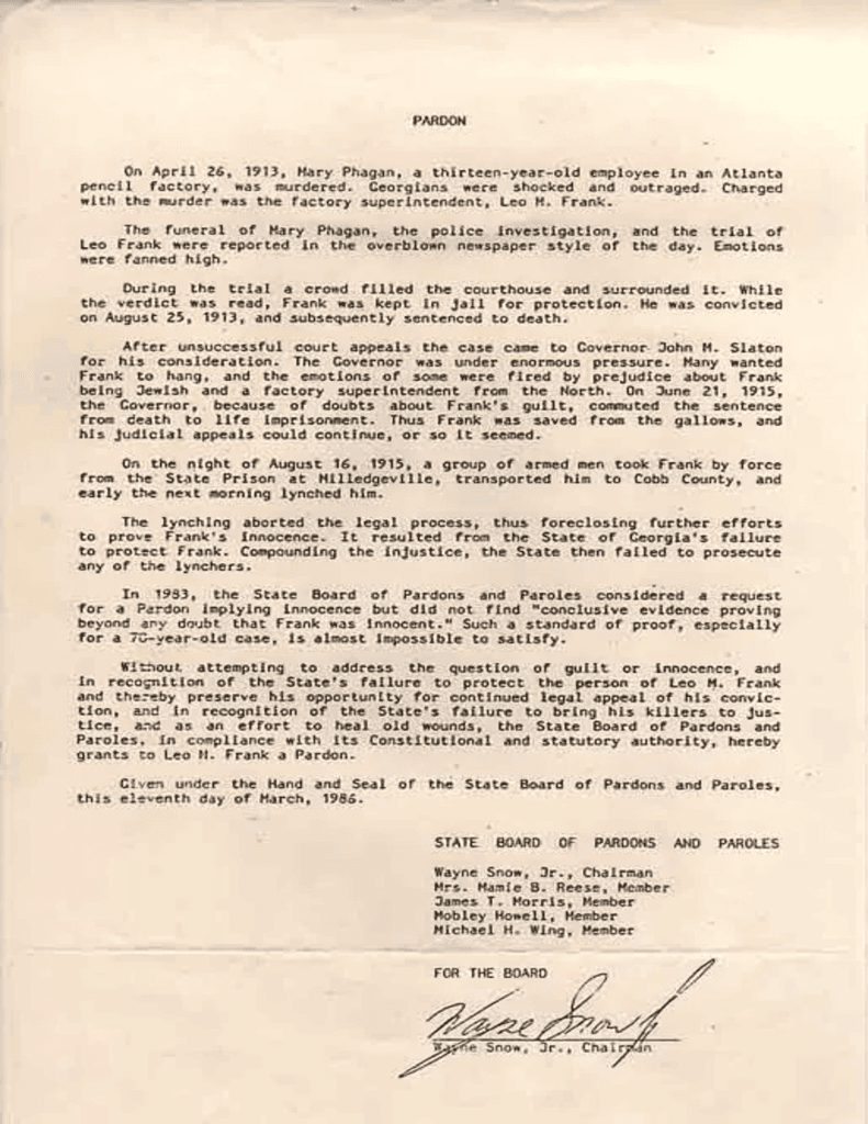 A picture of Leo Frank's pardon.