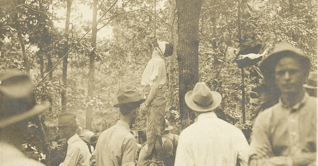 A picture depicting the lynching of Leo Frank.